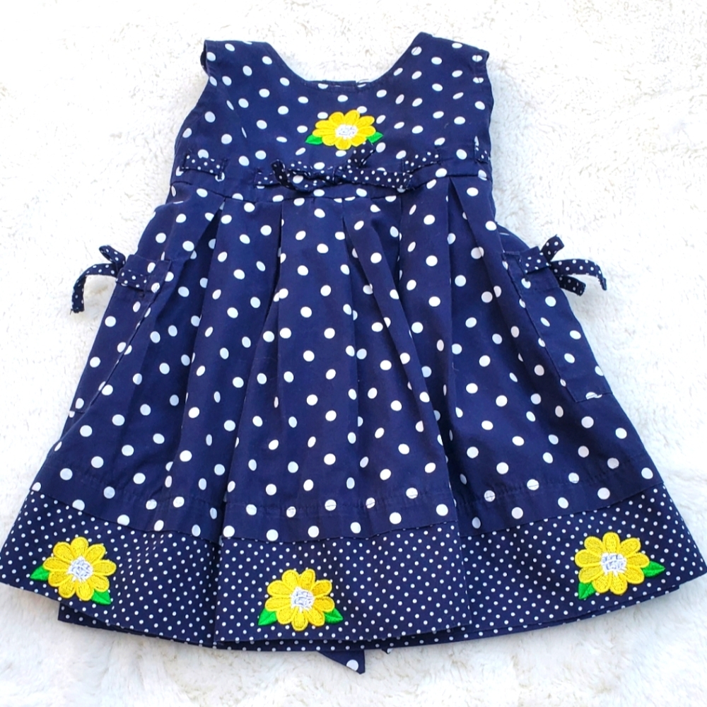 Navy Polka Dot Kids Dress with Yellow Floral Accents Size 18m